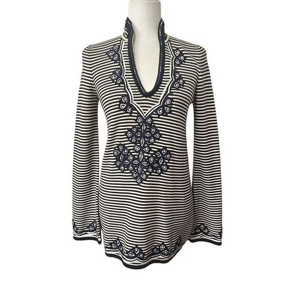 Tory Burch Knit Dress or Tunic V-Neck Long-Sleeve Black & White Striped Embroide - Picture 1 of 12